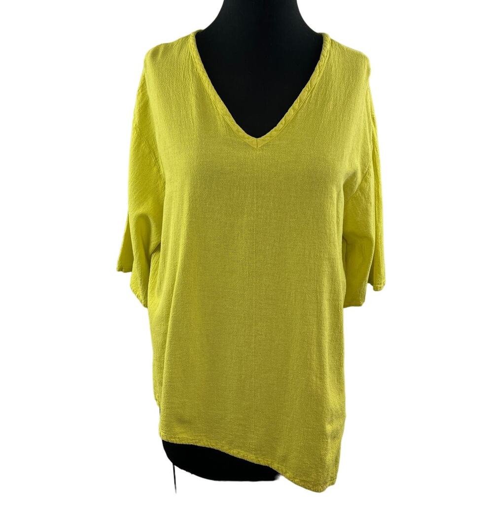 OH MY GAUZE! Chartreuse Yellow Cotton V-Neckline Asymmetrical Hem Top 2
